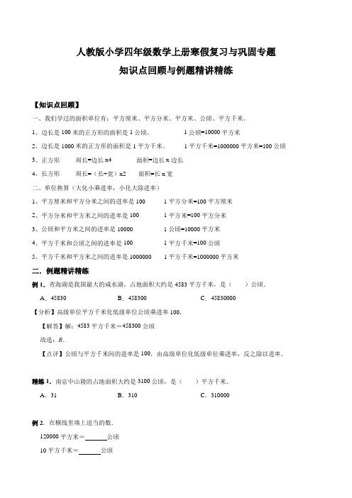 人教版小学四年级数学上册寒假复习与巩固专题二 公顷和平方千米 知识点回顾与例题精讲精练