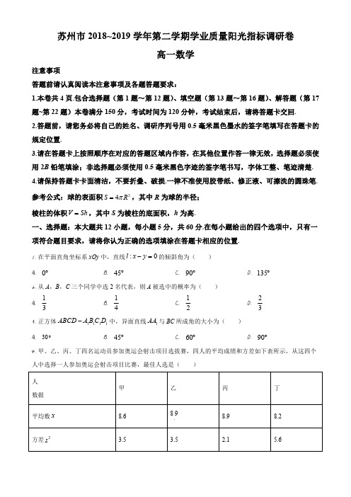 江苏省苏州市2018-2019学年高一下学期期末数学试题