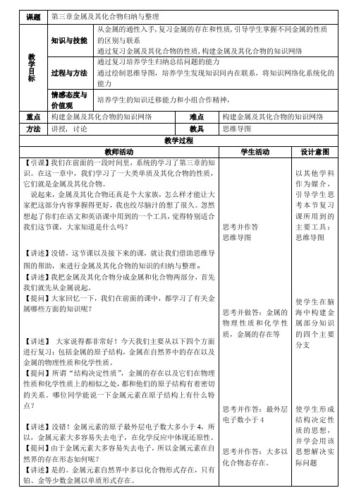 高中化学 第三章金属及其化合物归纳与整理 教案 教学设计