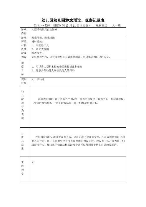 幼儿园幼儿园游戏预设、观察记录表-大型结构玩具自主游戏