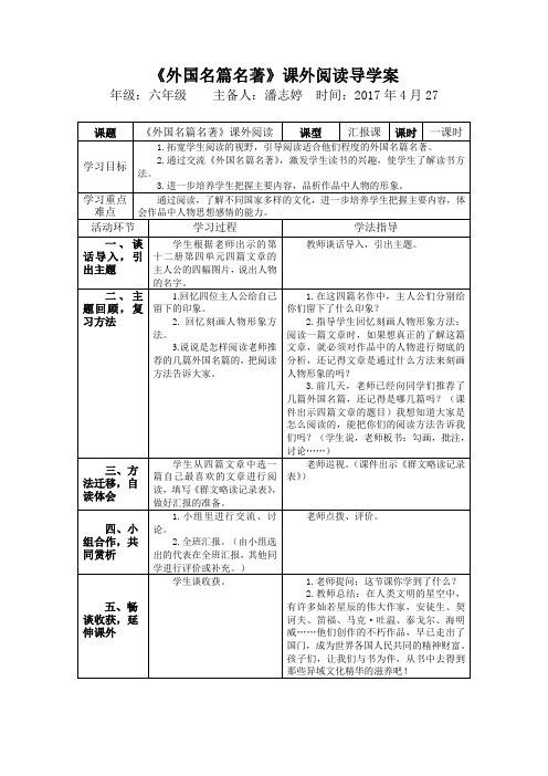 语文人教版六年级下册《外国名篇名著》课外阅读导学案