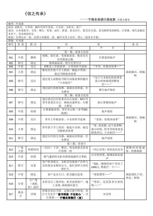 《信之传承》——宁德农商银行微电影 分镜头脚本