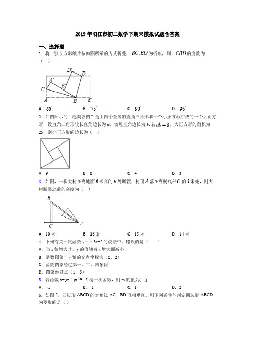 2019年阳江市初二数学下期末模拟试题含答案