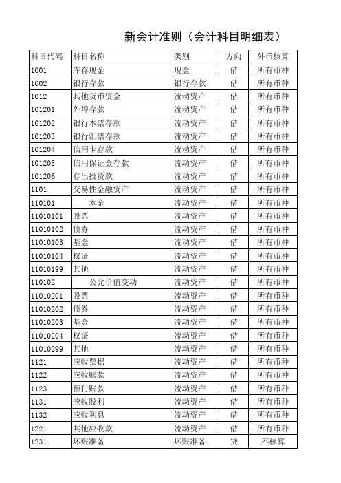 新会计准则下的会计科目明细表