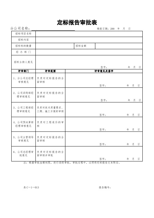 定标报告审批表、定标报告审批表