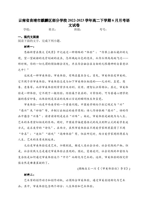 云南省曲靖市麒麟区部分学校2022-2023学年高二下学期6月月考语文试卷(含答案)