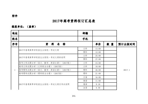 2017年高考资料征订汇总表