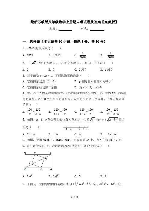 最新苏教版八年级数学上册期末考试卷及答案【完美版】