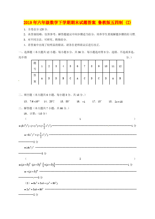 2019年六年级数学下学期期末试题答案 鲁教版五四制 (I)