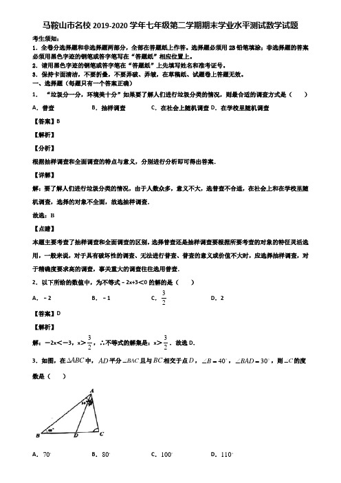 马鞍山市名校2019-2020学年七年级第二学期期末学业水平测试数学试题含解析