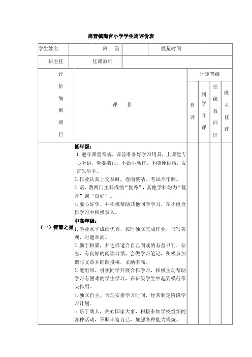 周营镇陶官小学学生星级评价表