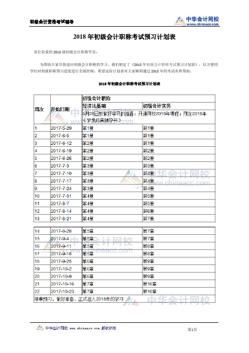 2018年初级会计职称考试预习计划表