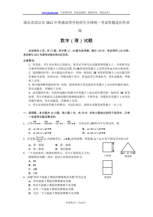 湖北省武汉市2012年普通高等学校招生全国统一考试答题适应性训练及答案 数学理