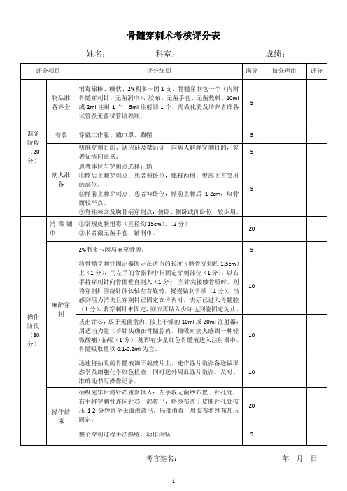 骨髓穿刺术考核评分表