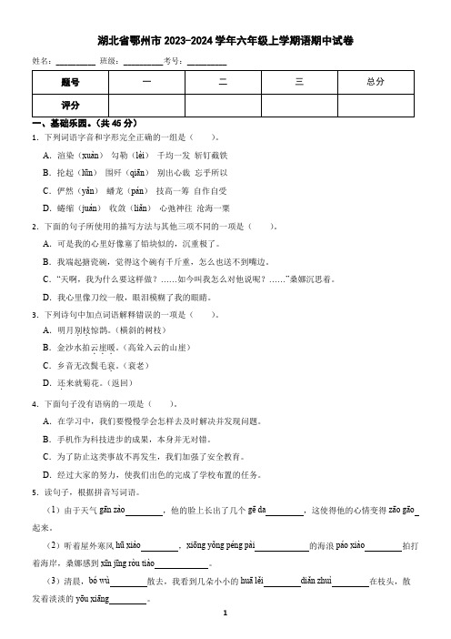 湖北省鄂州市2023-2024学年六年级上学期语期中试卷(含答案)