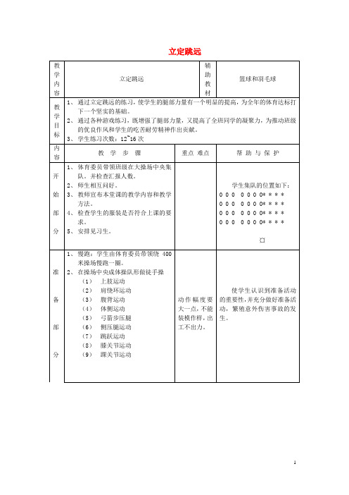 山东省淄博市临淄区皇城镇第二中学九年级体育 立定跳远教案