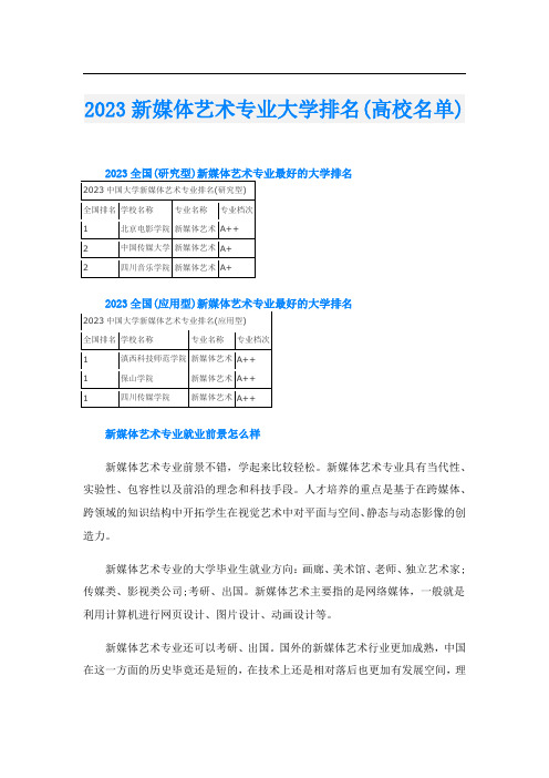 2023新媒体艺术专业大学排名(高校名单)