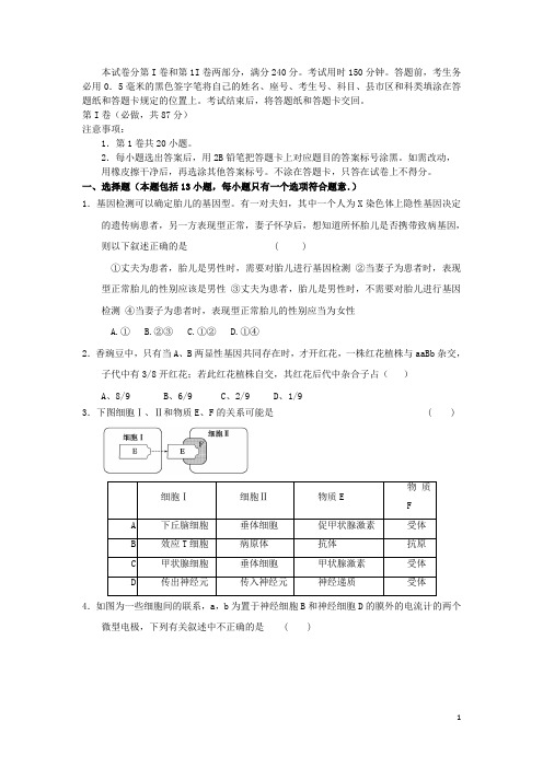 山东省莱芜市二中高三生物4月模拟考试试题新人教版