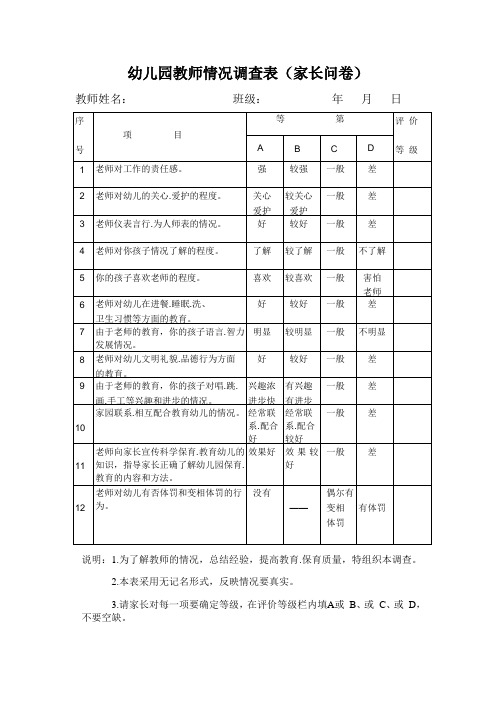 幼儿园教师情况调查表