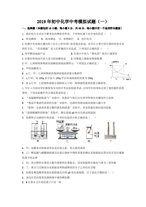 2019年围场满族蒙古族自治县腰站乡第一中学初中化学中考模拟试题(一)(无答案)