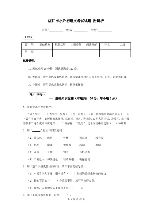 湛江市小升初语文考试试题 附解析