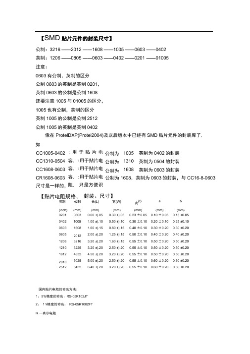贴片元器件封装尺寸