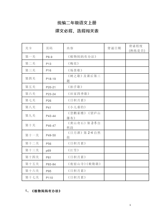 统编二年级语文上册课文必背、选背闯关表