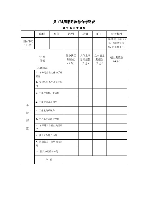 员工试用期月度综合考评表