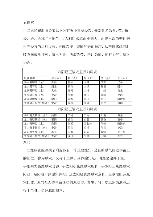 六阴经五输穴五行归属表