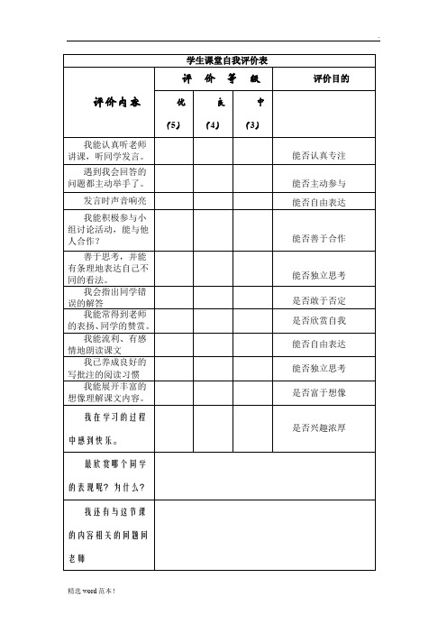 学生课堂自我评价表