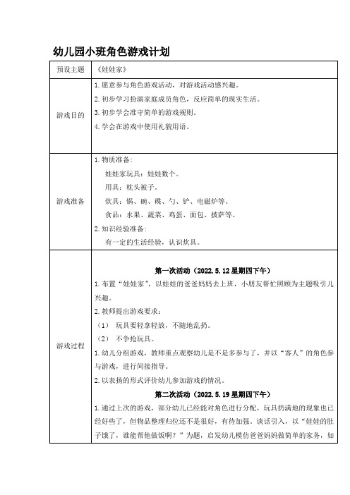 幼儿园小班角色游戏计划《娃娃家》