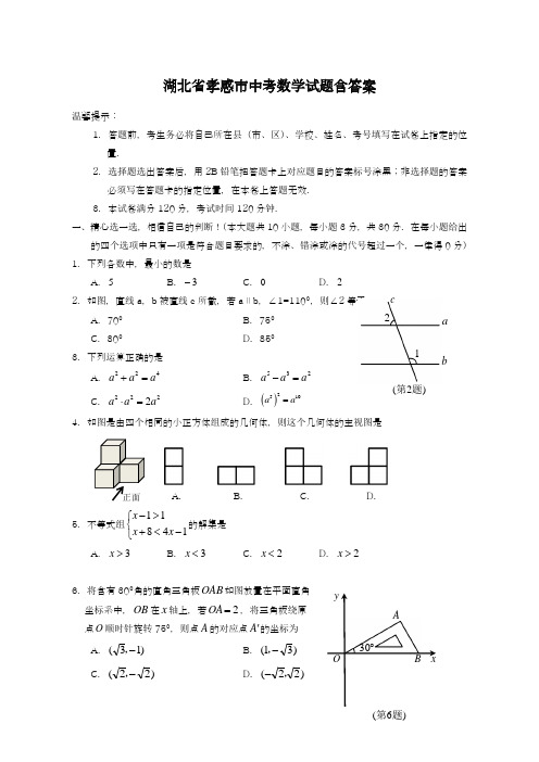 2019-2020年最新湖北省孝感市中考数学仿真模拟试卷及参考答案