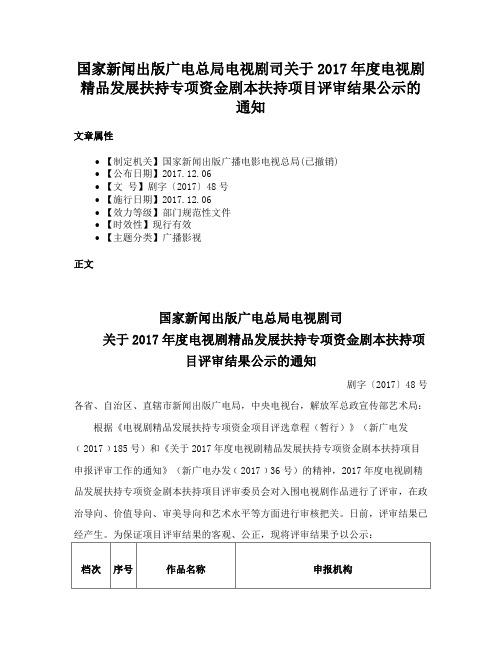 国家新闻出版广电总局电视剧司关于2017年度电视剧精品发展扶持专项资金剧本扶持项目评审结果公示的通知