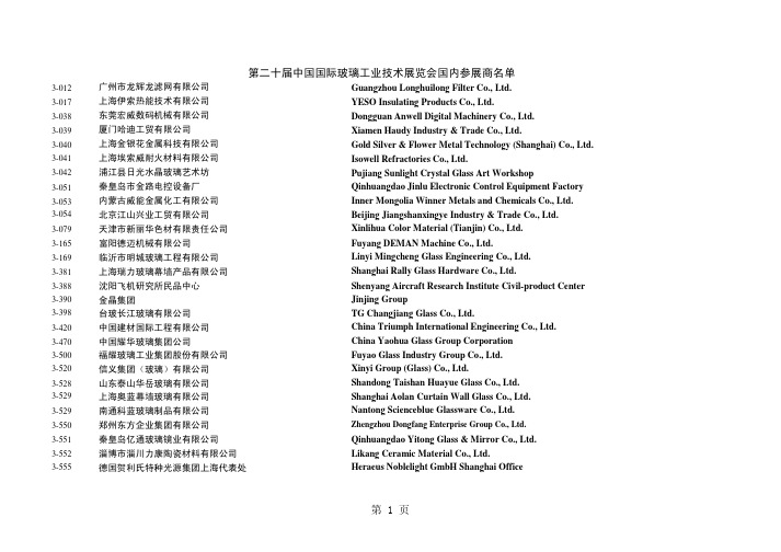 第20届中国国际玻璃工业展会参展商名录