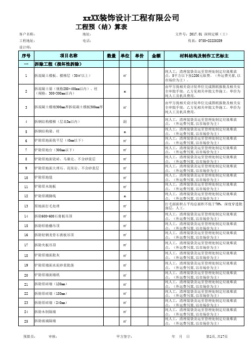 室内装修模板预算表