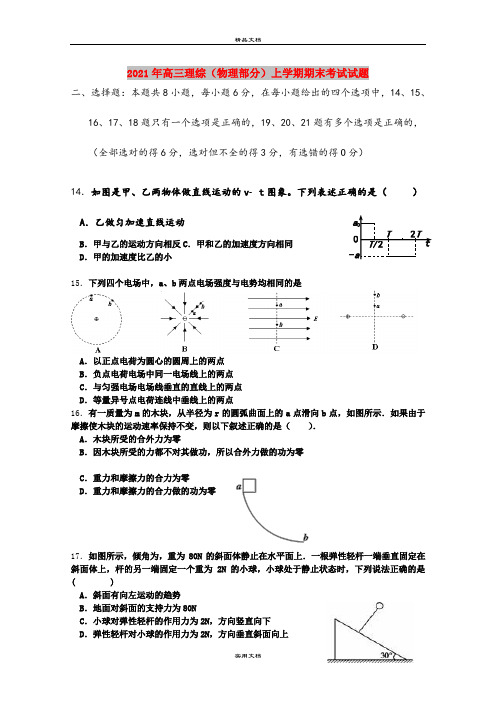 2021年高三理综(物理部分)上学期期末考试试题