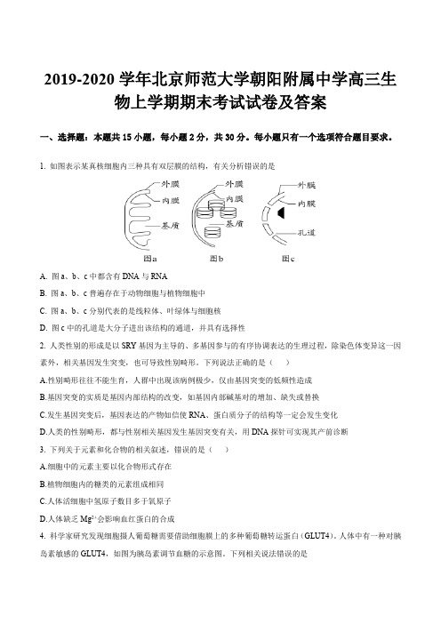 2019-2020学年北京师范大学朝阳附属中学高三生物上学期期末考试试卷及答案