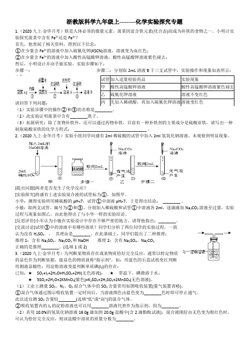 2021年科学中考浙教版科学九年级上---------化学实验探究专题