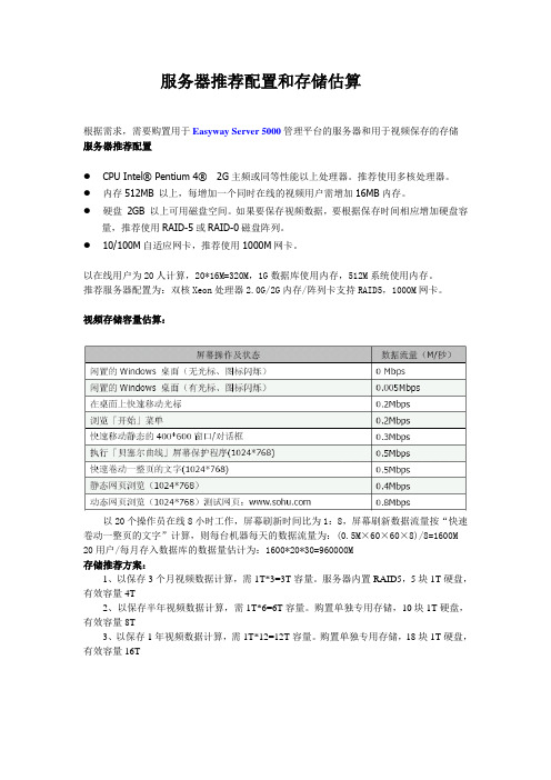 服务器推荐配置和存储估算