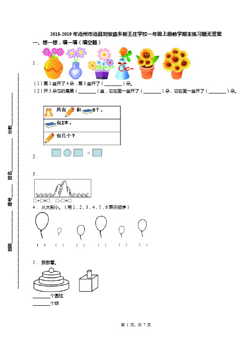 2018-2019年沧州市沧县刘家庙乡新王庄学校一年级上册数学期末练习题无答案