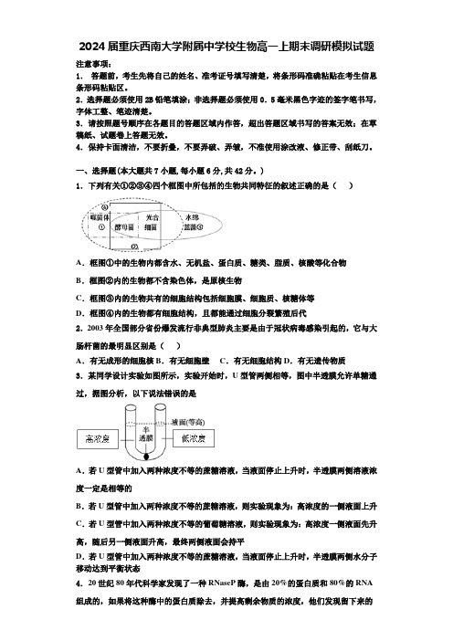 2024届重庆西南大学附属中学校生物高一上期末调研模拟试题含解析