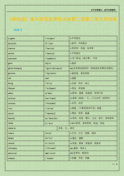 (译林版)高中英语选择性必修第二册第三单元单词表