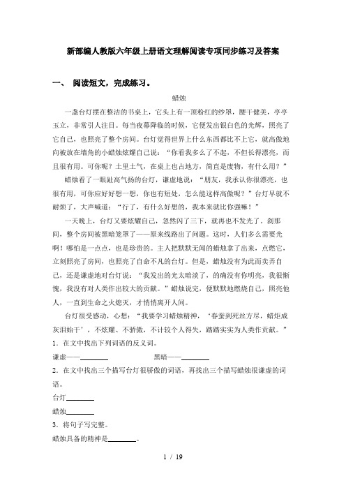 新部编人教版六年级上册语文理解阅读专项同步练习及答案