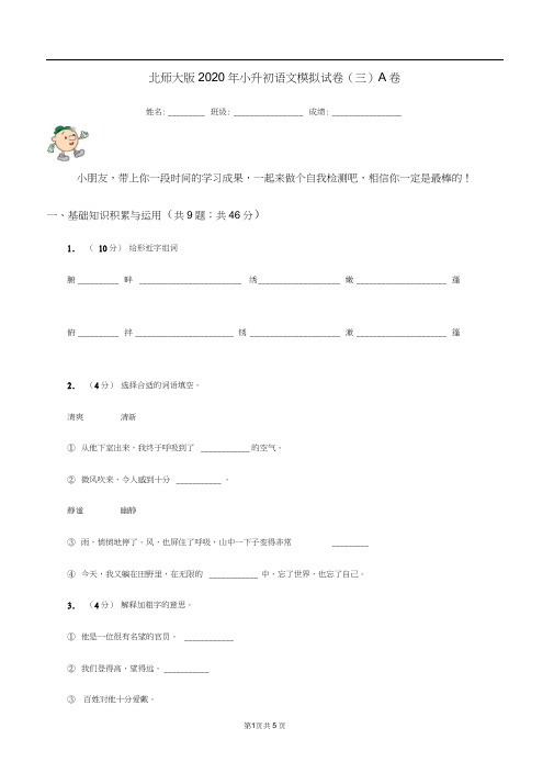 北师大版2020年小升初语文模拟试卷(三)A卷