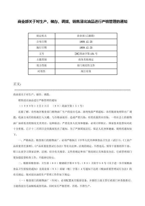 商业部关于对生产、储存、调拨、销售浸出油品进行严格管理的通知-[89]商油字第151号