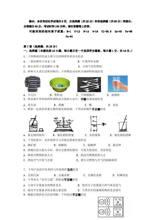 江苏省南京市白下区中考化学二模试题