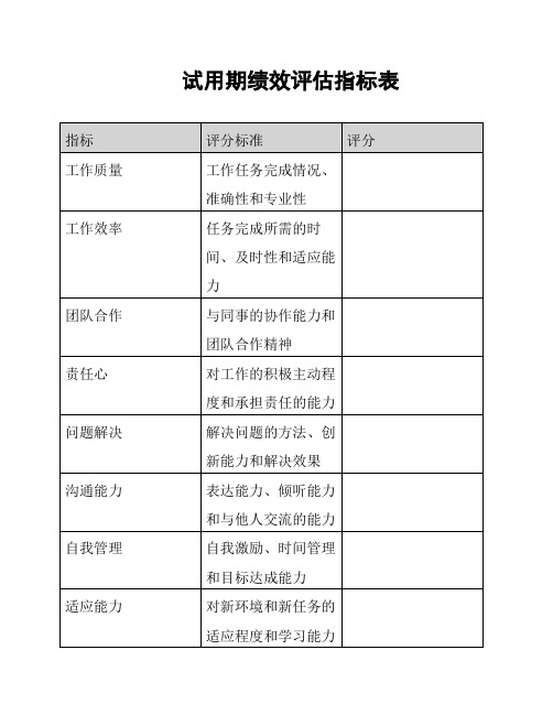 试用期绩效评估指标表