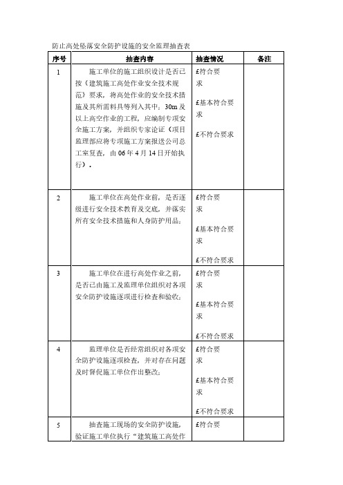 防止高处坠落安全防护设施的安全监理抽查表