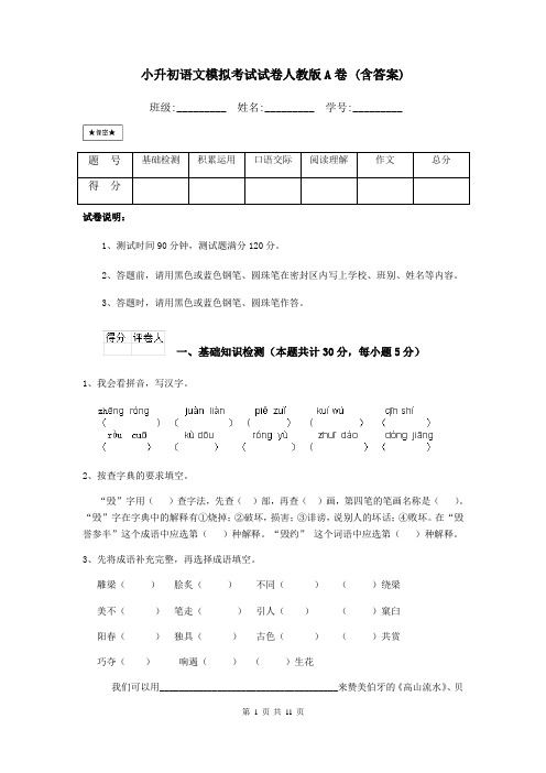 小升初语文模拟考试试卷人教版A卷 (含答案)