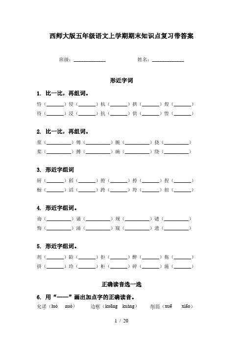 西师大版五年级语文上学期期末知识点复习带答案